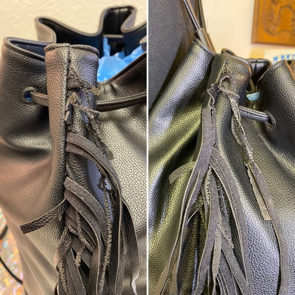 Victoria's Secret Drawstring Blk Faux Leather Backpack Fringe Cinch Bag Bookbag - Picture 5 of 11